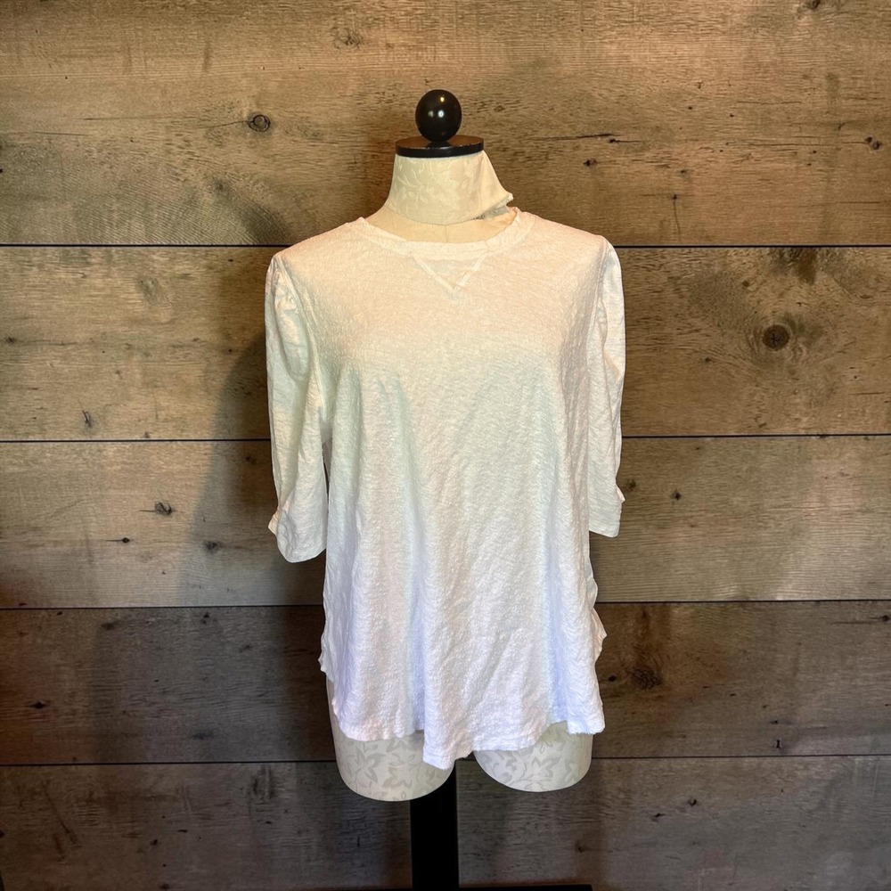 Free People White Cotton Linen Textured Puff Sleeve Top Crew Neck Slub Knit Sz L